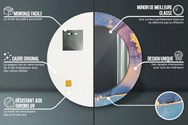 Miroir rond cadre avec impression Pierre de marbre