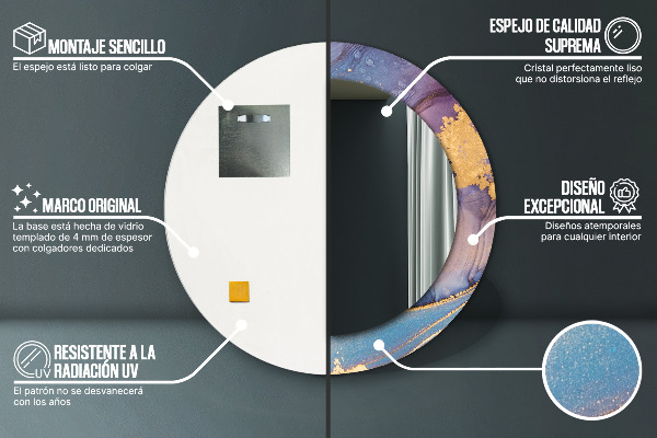 Miroir rond cadre avec impression Pierre de marbre