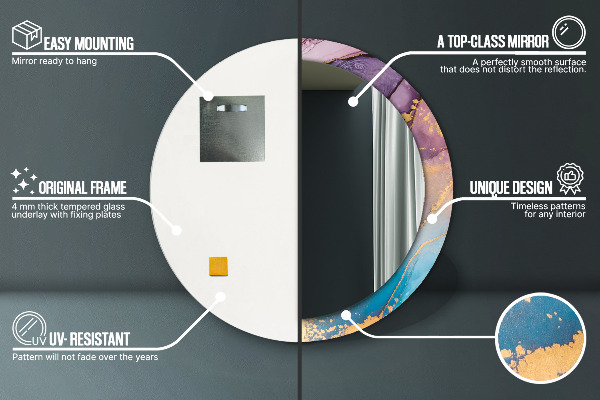 Miroir rond cadre avec impression Pierre de marbre