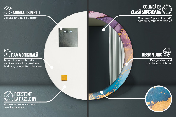 Miroir rond cadre avec impression Pierre de marbre