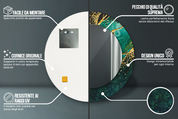 Miroir rond cadre avec impression En marbre vert