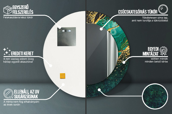 Miroir rond cadre avec impression En marbre vert