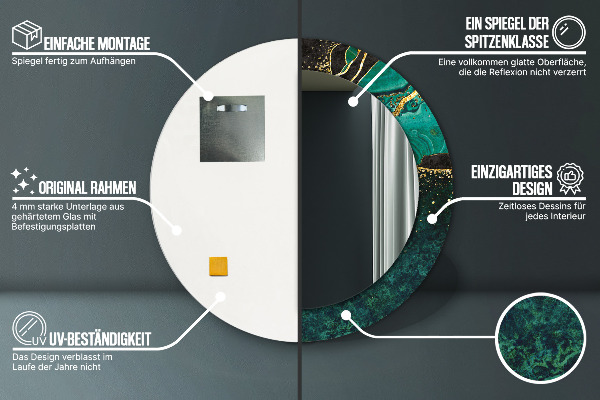 Miroir rond cadre avec impression En marbre vert