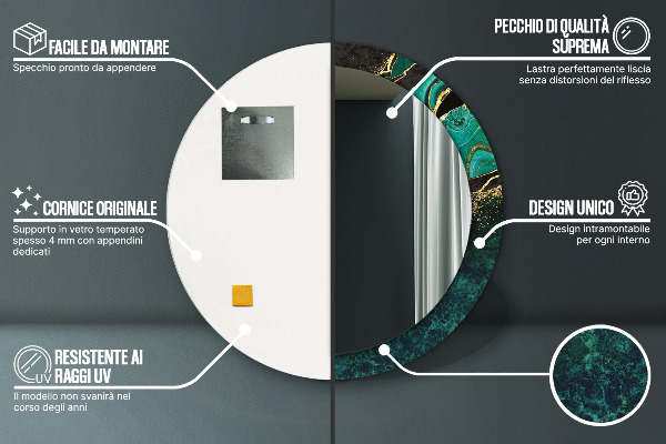 Miroir rond cadre avec impression En marbre vert