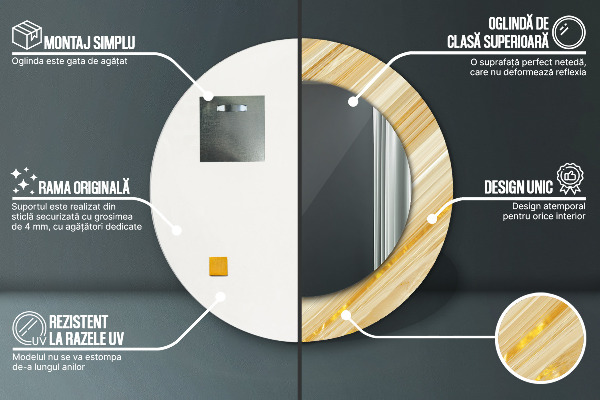 Miroir rond cadre avec impression Abstrait doré