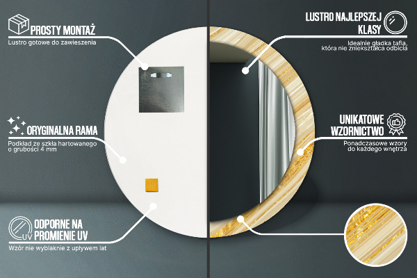 Miroir rond cadre avec impression Abstrait doré