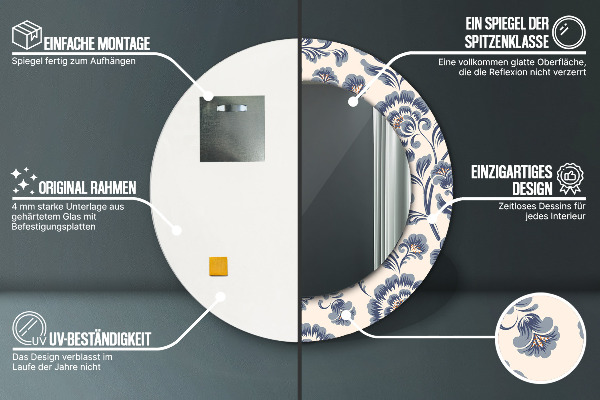 Miroir rond cadre avec impression Motif de fleurs