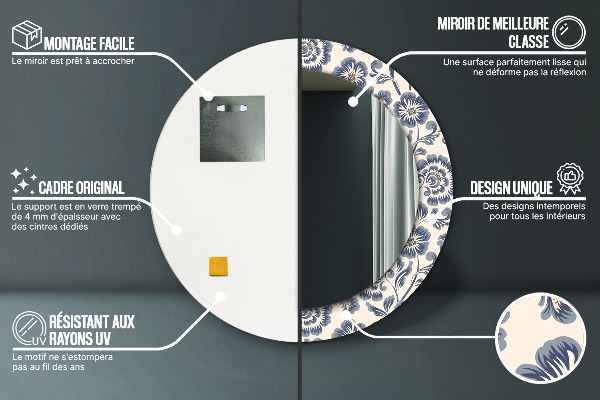 Miroir rond cadre avec impression Motif de fleurs