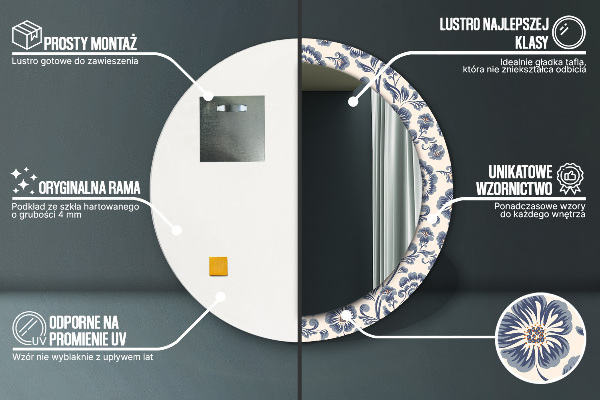 Miroir rond cadre avec impression Motif de fleurs