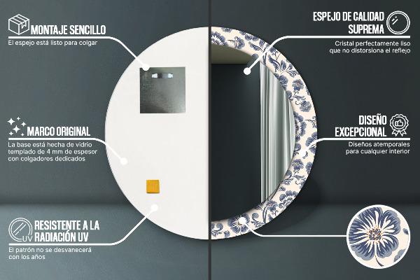 Miroir rond cadre avec impression Motif de fleurs