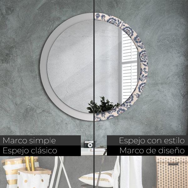 Miroir rond cadre avec impression Motif de fleurs