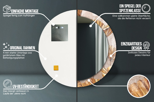 Miroir rond avec décoration Feuilles d'or