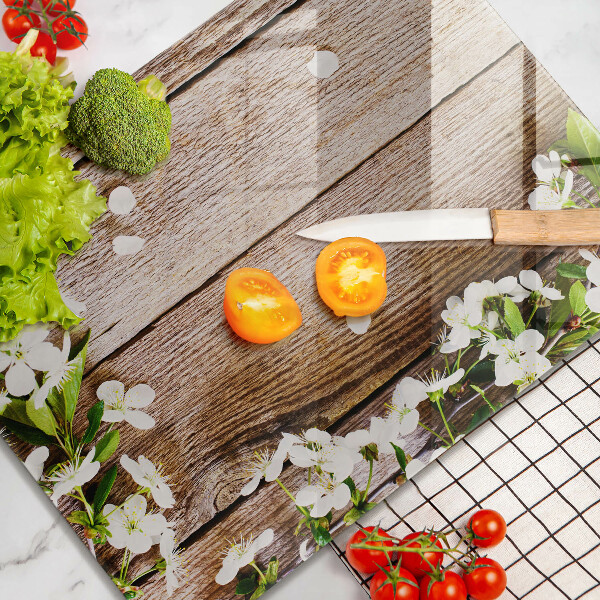 Protège plaque de cuisson Fleurs blanches sur les planches
