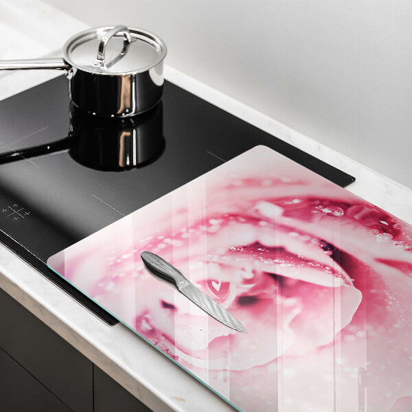 Cache plaque de cuisson Gouttes de rosée et fleur rose