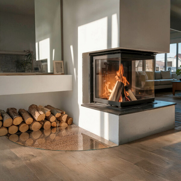 Quart-de-cercle plaque de sol en verre pour poêle Motif bois naturel