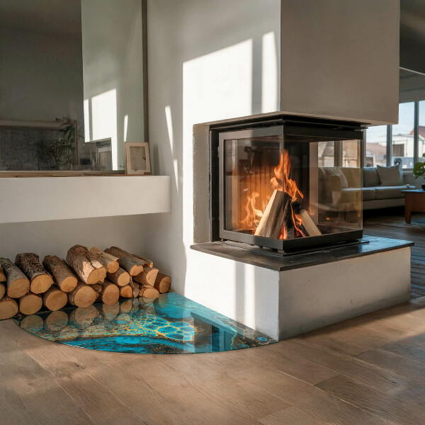 Quart-de-cercle plaque protection sol devant cheminée en verre motif organique abstrait