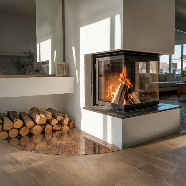 Quart-de-cercle plaque protection sol devant cheminée en verre Texture rouillée sur métal