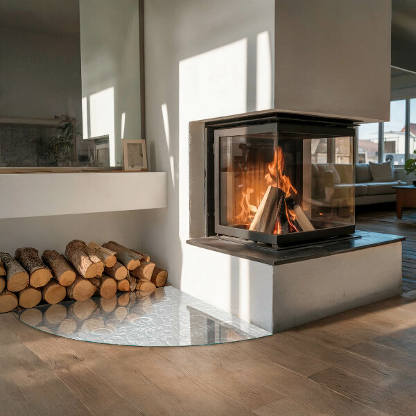 Quart-de-cercle plaque verre devant cheminée Motif végétal élégant