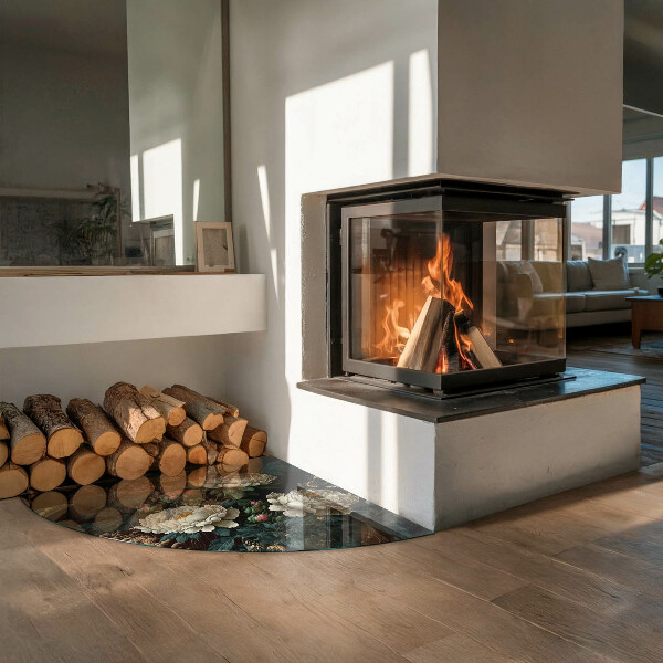 Quart-de-cercle plaque verre devant cheminée Motif floral avec des papillons