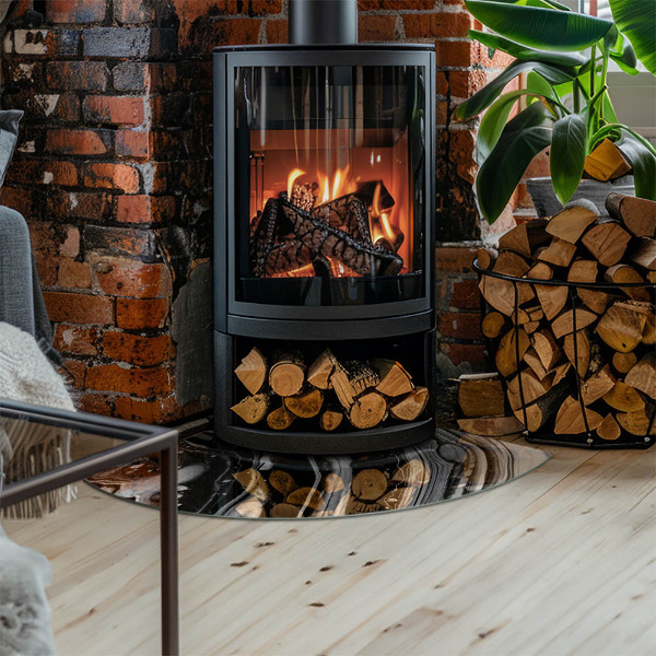 Quart-de-cercle plaque protection sol devant cheminée en verre vagues et lignes abstraites