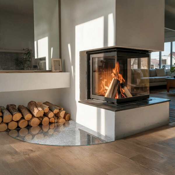 Quart-de-cercle plaque verre devant cheminée texture du béton brut