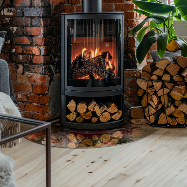 Quart-de-cercle plaque protection sol devant cheminée en verre bouquet de fleurs en détail