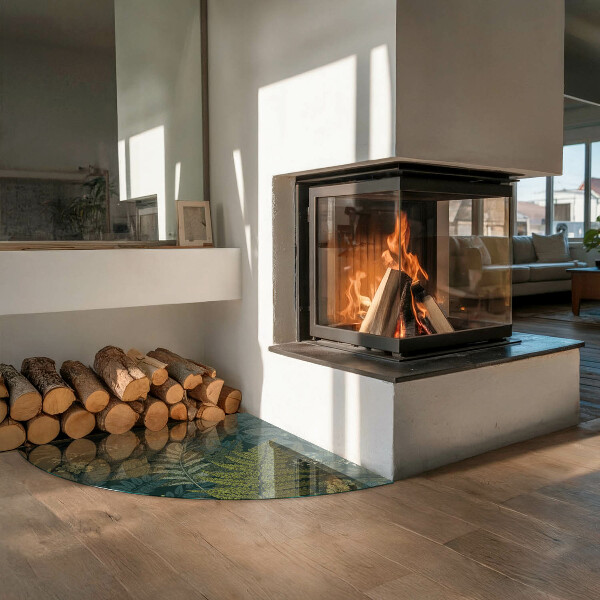 Quart-de-cercle plaque de sol en verre pour poêle Motifs végétaux avec des papillons