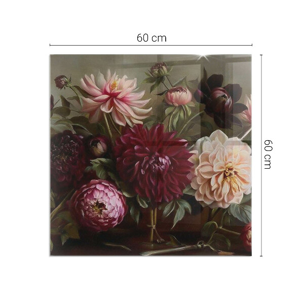 Carrée plaque protection sol devant cheminée en verre bouquet de fleurs en détail