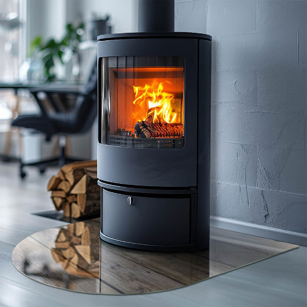 Demi-arrondi plaque verre devant cheminée Planche en bois dans l'agencement