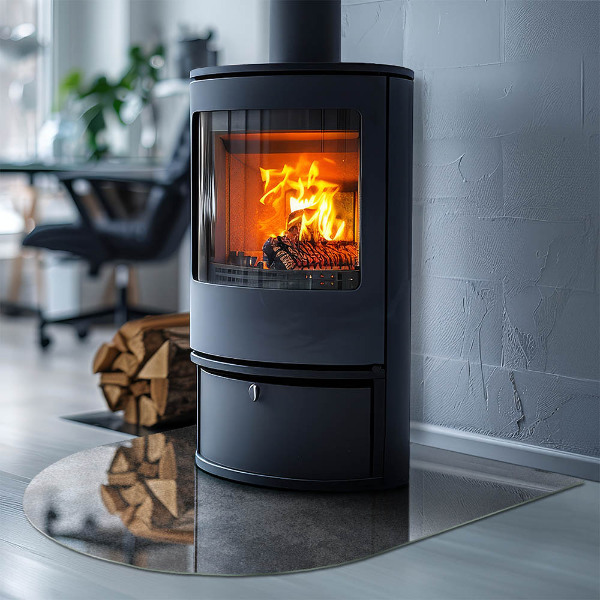 Demi-arrondi plaque verre devant cheminée texture de surface brute