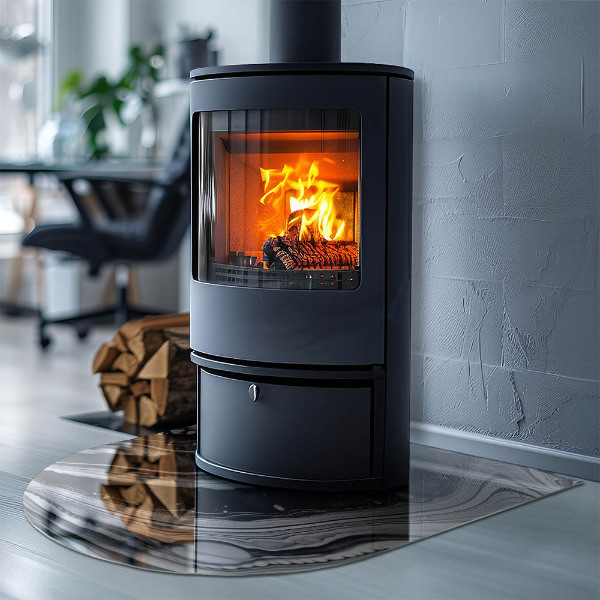 Demi-arrondi plaque protection sol devant cheminée en verre vagues et lignes abstraites