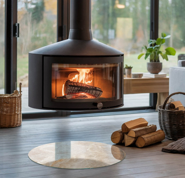Ronde verre sous poêle à bois Motif de pierre naturelle