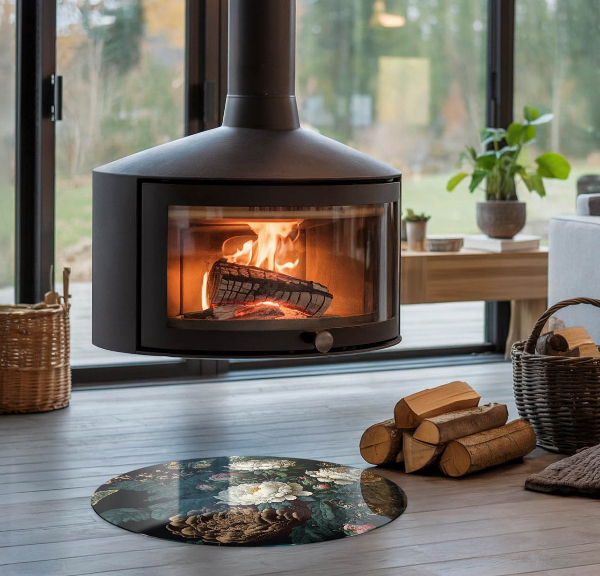 Ronde plaque de verre pour cheminée Motif floral avec des papillons