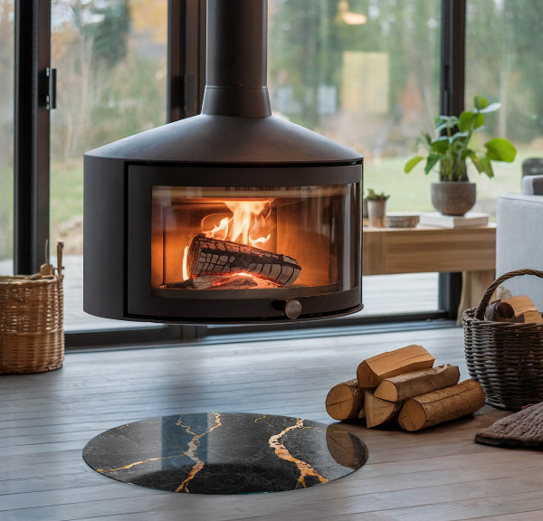 Ronde vitre sous poêle à bois Marbre élégant veiné
