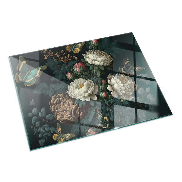 Rectangulaire plaque de sol en verre pour poêle Motif floral avec des papillons