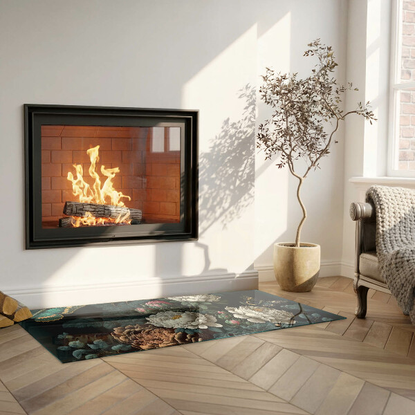 Rectangulaire plaque de sol en verre pour poêle Motif floral avec des papillons