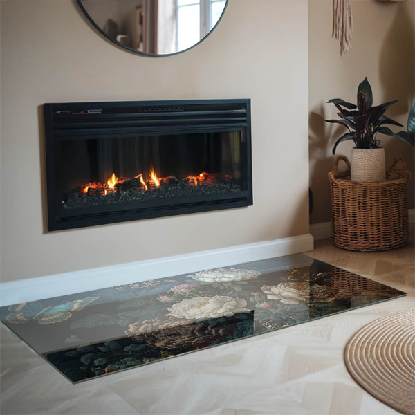 Rectangulaire plaque de sol en verre pour poêle Motif floral avec des papillons