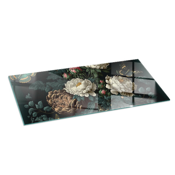 Rectangulaire plaque de sol en verre pour poêle Motif floral avec des papillons