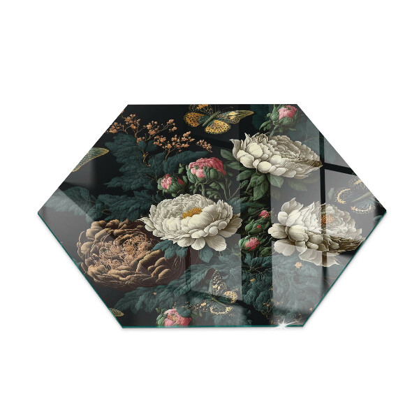 Hexagonale plaque de verre pour cheminée Motif floral avec des papillons