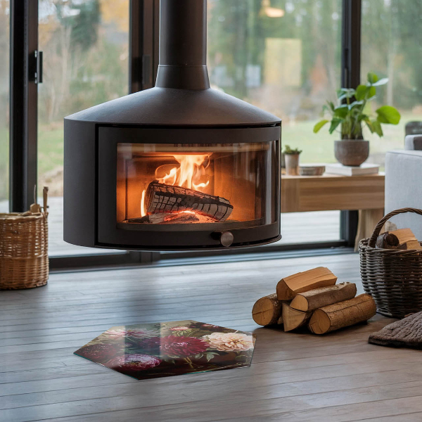 Hexagonale vitre sous poêle à bois bouquet de fleurs en détail