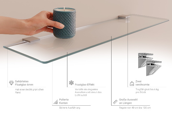Tablette murale en verre sécurit translucide de 90x13 cm