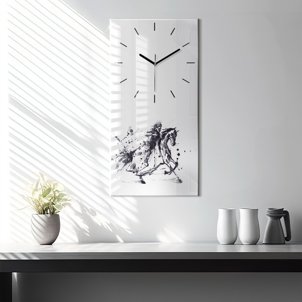 Horloge rectangulaire verticale 'Chevalier sur un cheval fait de gouttes d''encre'
