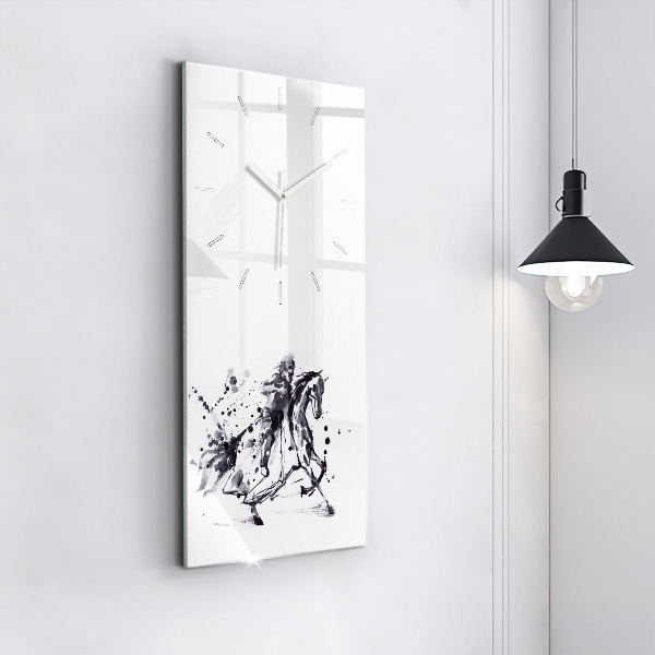 Horloge rectangulaire verticale 'Chevalier sur un cheval fait de gouttes d''encre'