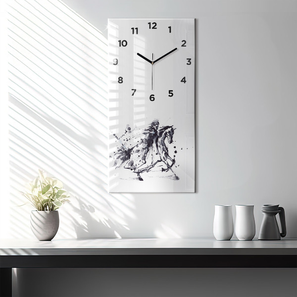 Horloge rectangulaire verticale 'Chevalier sur un cheval fait de gouttes d''encre'