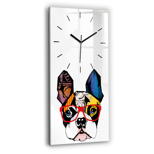 Horloge murale verticale Bouledogue français avec des lunettes