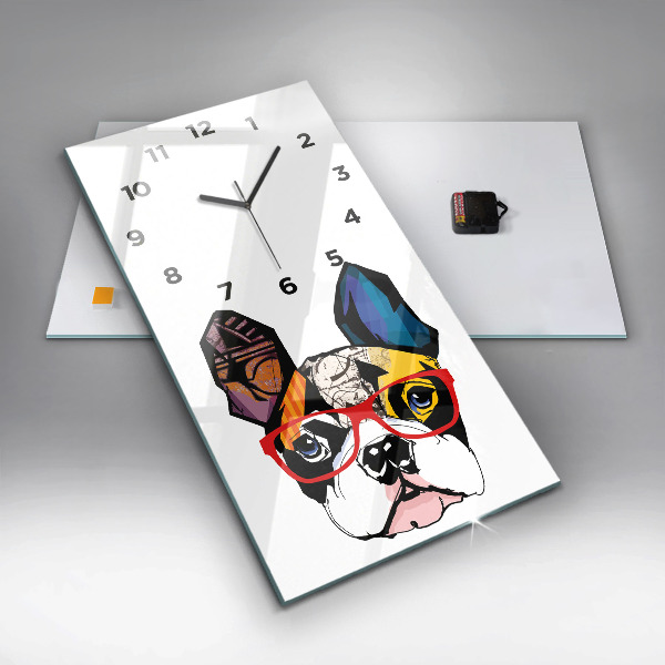 Horloge murale verticale Bouledogue français avec des lunettes