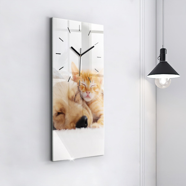 Horloge murale verticale Chat et chien endormis