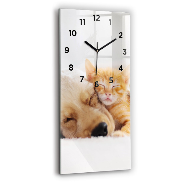 Horloge murale verticale Chat et chien endormis