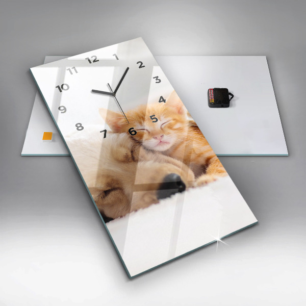 Horloge murale verticale Chat et chien endormis