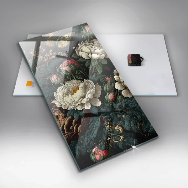 Horloge murale verticale Fleurs et papillons dorés